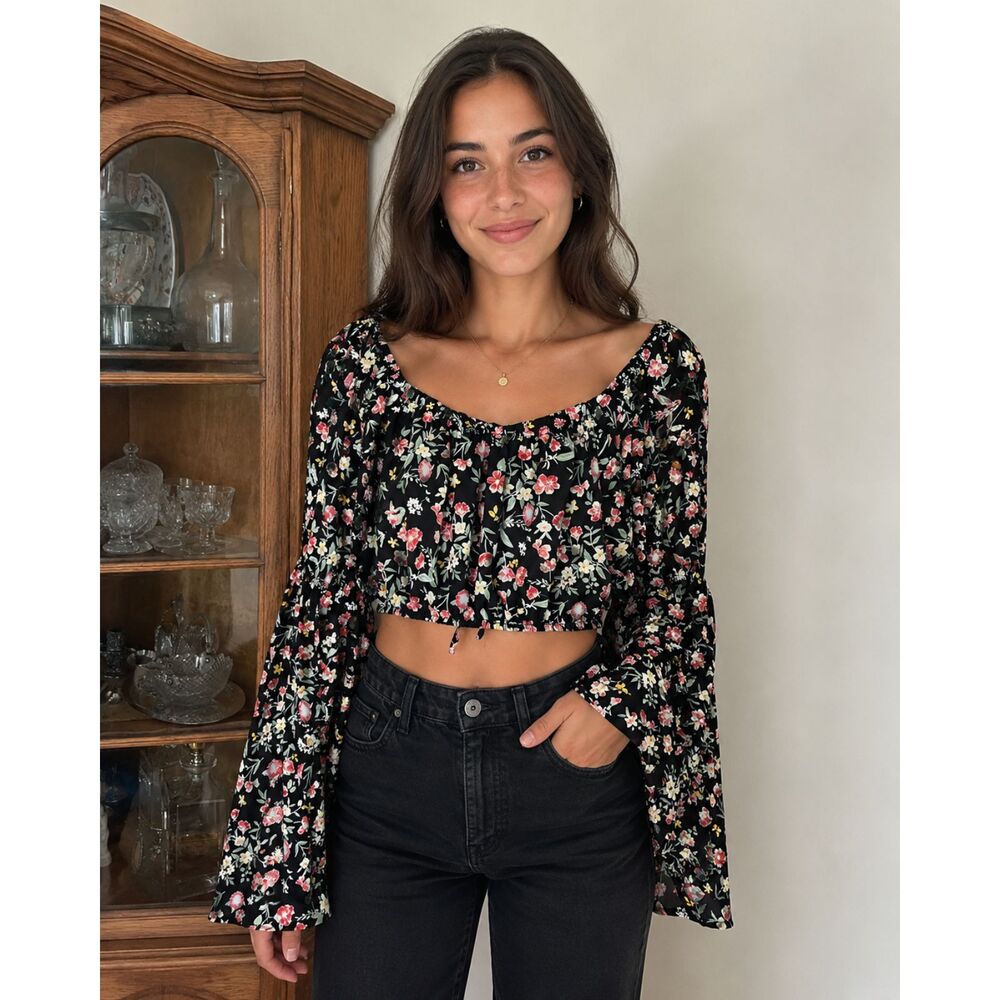 Floral Crop Top Almost Famous Bell Sleeves Smocked Peasant Cottagecore Fairy